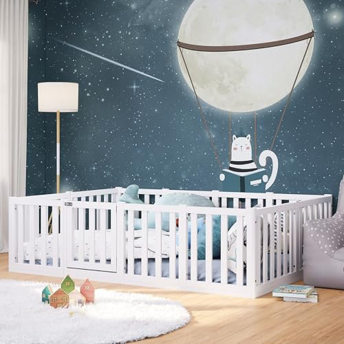 Bellabino Tapi Bett 140x200 cm, Kinderbett mit extra hohem Rausfallschutz mit Tür, inklusive Lattenrost, Montessori Bodenbett für Jungen und Mädchen aus Kiefer Massivholz, weiß lackiert, Bed