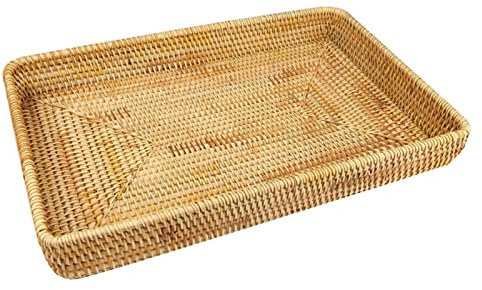 HAOHIZE Vassoio in Rattan, Vassoio da Tavolino Vassoio Decorativo Vassoio Quadrato in Rattan Intrecciato in Vimini Vassoio da Portata Rettangolare Intrecciato a Mano Cestino (Large)