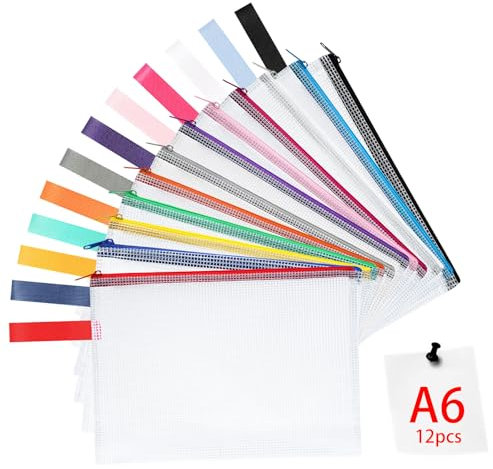 OFFCUP Dokumententasche A6, 12 Stück A6 Datei Taschen mit Reißverschluss, Wasserdichte Mesh Kunststoff Reißverschlusstasche für Datei, Papier, Dokumente, Kosmetika, Hausaufgaben und Reisezubehör