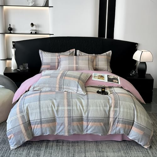 Housse de couette à carreaux de style moderne bohème pour lit simple, housse de couette 100 % coton brossé, housse de couette à carreaux gris géométrique avec 2 taies d'oreiller, housse de couette