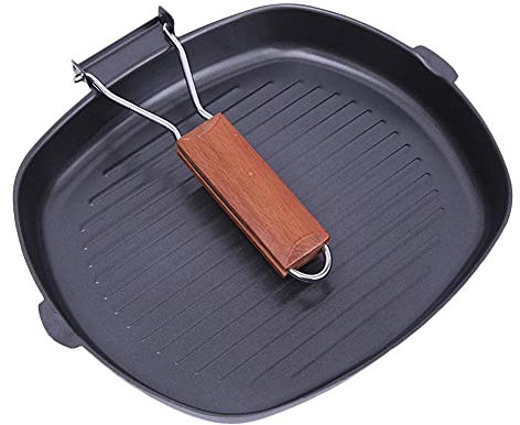 ZATTYDV Antihaftbeschichtete Steak-Bratpfanne mit klappbarem Holzgriff, tragbare quadratische Grillpfanne, Küchenzubehör