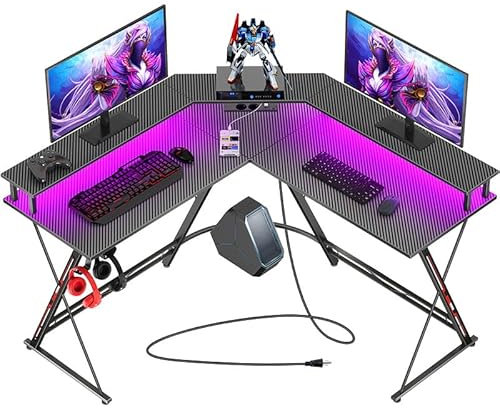 SEVEN WARRIOR Bureau Gaming en L avec LED, Prise et Ports USB, Bureau d’Angle avec Support Écran, Table Gamer pour Chambre, Noir Carbone, 127 cm