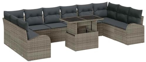 vidaXL Garten-Sofa-Set mit Speicher 11 pcs Grau Poly Rattan, Garten und Terrasse, modernes modulares Sofa-Set, verstellbare Füße, Poly-Rattan Lounge, Outdoor-Sitzgelegenheiten