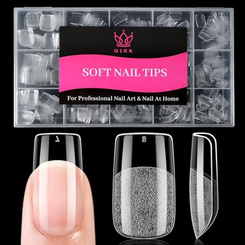 QIEK 240 Pcs Nail Tips for Gel Extensions, 15 Sizes, Half Matte Clear | Acrylic Soft Gel X, Full Cover Tips, Pre-Shaped Press On Nails