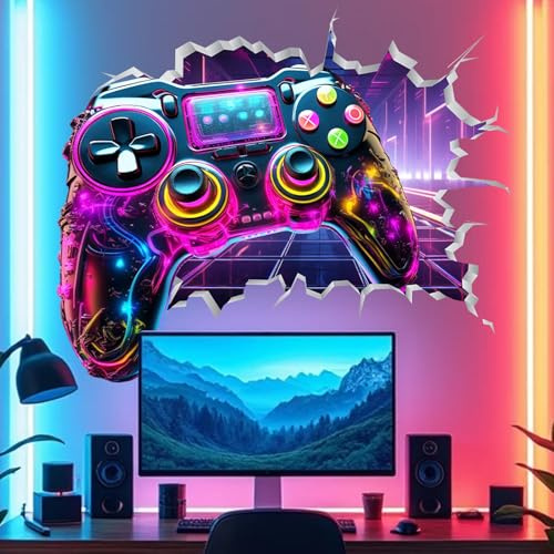 Cool Gaming Wall Stickers, Gamer Controller Wall Decals for Kids Teenagers Boys Bedroom Playroom, Gaming Room Accessories Art Wall Decoration, Peel and Stick Removable, 3D Video Game Joystick Backdrop