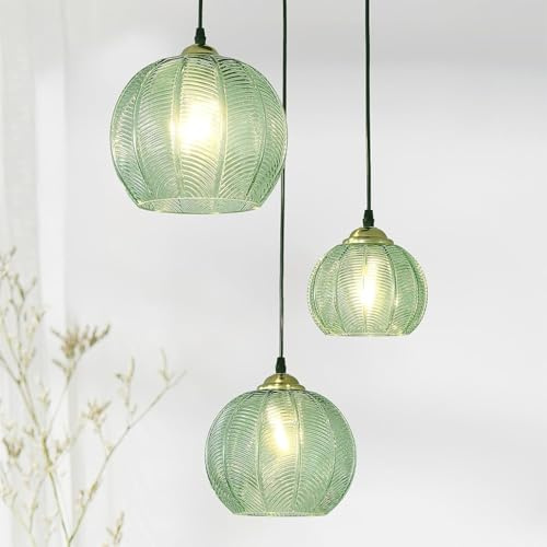 TMKOO 3-Flammige Glas Pendelleuchte Kronleuchter Mit Kugelschirm Handgeblasene Glaskugel Pendelleuchten Höhenverstellbare Esstisch Hängelampe Für Kücheninsel Treppenhaus Wohnzimmer(Green)