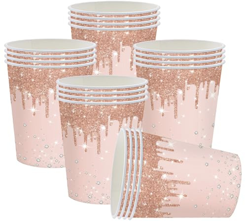 ATBEAMEN 20Pcs Rose Gold Paper Cups 9oz,Diamond 250ml Drinking Cups Disposable Party Paper Cup Sparkling Rosegold Cup for DIY Birthday Christmas,Picnic,Baby Shower Wedding Party Cups Supplies