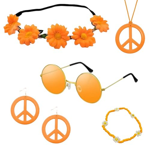 IOHJSA 6 Stück Hippie Kostüm Accessoires, Ankleidezubehör Hippie Partyzubehör, Vintage Zubehör mit Sonnenbrille Brille Friedenszeichen Halskette Ohrringe Stirnband Armbänder Für Retro-Partys (Orange)