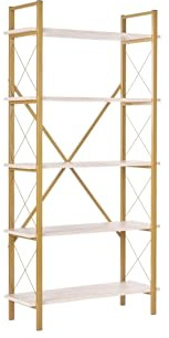 Modernes Bücherregal, 90 x 180 x 34 cm, Travertin & Gold | 100% melaminbeschichtete Spanplatte, Metallrahmen mit elektrostatisch ofengetrocknetem Finish | wandmontierbar, stilvolle Aufbewahrungslösung