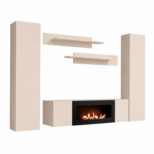 Parete Attrezzata Sospesa Con Biocamino Mobile Porta TV Pensili Mensole Moderno Living Arredo Salotto Contemporaneo Multimediale Libreria Contenitore Apertura Push Pull 260x 170x 40 Cm (Cashmere)