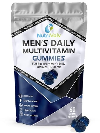 Men's Multivitamin Gummies | 60 Vegan Gummies | Vitamins A C D3 E B6 B12, Zinc, Selenium & Lycopene | Energy, Immune & Men's Wellness | Sugar Free | Blue Raspberry Flavour | UK Made | by NutriVolv