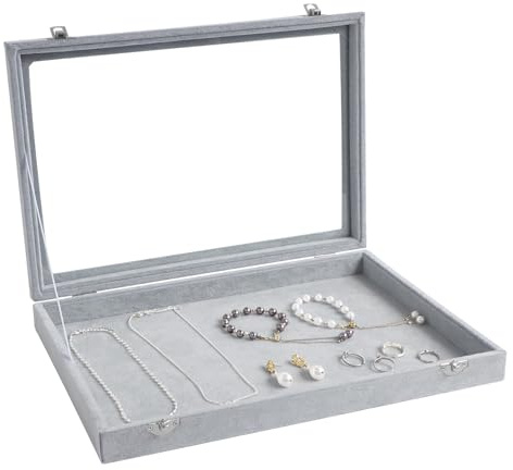 Wuligirl Ice Velvet Clear Lid Multifunction Jewelry Tray Showcase Display Storage Vintage Rings Earrings Necklaces Bracelet Brooch Buttons Organizer for Women(Empty Box)
