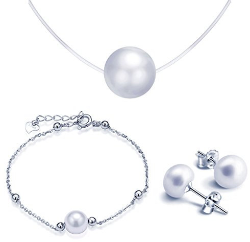 Yumilok Damen Halskette Armkette Ohrstecker Schmuck Sets mit Perlen Anhänger Nylonkette Ohrringe Armband Collier 925 Sterling Silber für Damen Mädchen