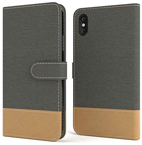 EAZY CASE Tasche kompatibel mit iPhone X/XS Stoff Schutzhülle mit Standfunktion Klapphülle im Bookstyle, Handytasche Handyhülle Flip Cover mit Magnetverschluss und Kartenfach, Kunstleder, Anthrazit