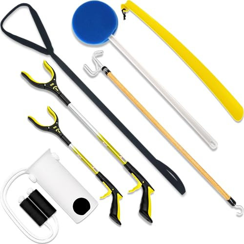 RMS 7-Piece Hip Knee Replacement Kit with Leg Lifter, 19 and 32 inch Rotating Reacher Grabber, Long Handle Shoe Horn, Sock Aid, Dressing Stick, Bath Sponge - Ideal for Knee or Back Surgery Recovery