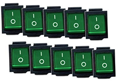 10x Wippschalter eckig grün beleuchtet 2-polig 250V 16A EIN/AUS Snap In Montage Einbaumaß 30x22mm