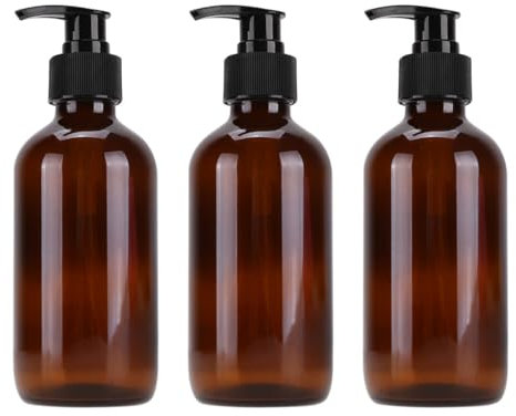 Lot De 3 Flacons Pompe en Verre Marron De 250Ml - Bouteilles De Voyage Réutilisables pour Lotion Shampoing Et Cosmétiques