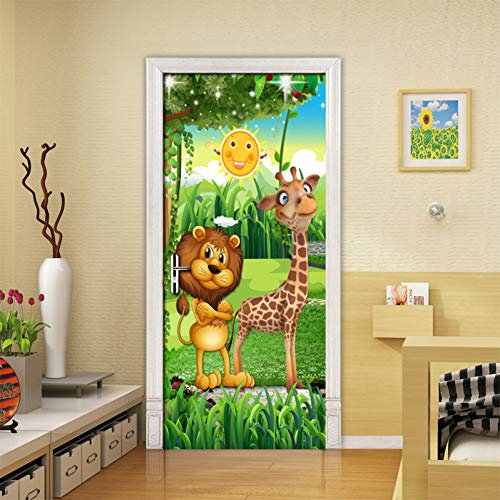 NSDX Türtapete Selbstklebend Wald Tier Kinderzimmer Schlafzimmer Tür Aufkleber PVC Wandbild 3D Foto Wallpaper Kreative DIY wasserdichte Tür Aufkleber Dekoration