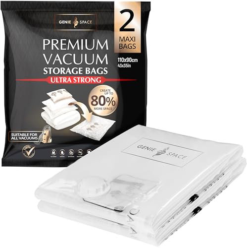 GENIE SPACE - Unglaublich starke Premium platzsparende Vakuumbeutellagerung | 2 x MAXI (110x90cm) | Luftdicht & wiederverwendbar | Erstellen Sie 80% mehr Platz | Für Kleidung, Handtücher usw.