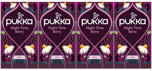 Pukka Tee Set, Bio-Früchte-Kräutertee Night Time Berry, Kamille, Lavendel, Echinacea, Holunderbeere, Für eine friedliche Abendruhe, 4er Pack, 80 Teebeutel