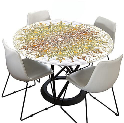 Morbuy Rund Tischdecke Elastisch, 3D Mandala Rund Tischdecken Wasserdicht Lotuseffekt Abwaschbar Abwischbar Tischtuch für Dekoration Küchentisch Garten Outdoor (Durchmesser 180cm,Goldenes Weiß)