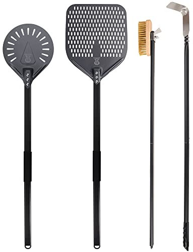 SHANGPEIXUAN Pala giratoria de pizza de 9 pulgadas, cepillo perforado para pizza y cepillo para pizza, rastrillo de ceniza, juego de utensilios de horno de pizza comercial de leña con mango de