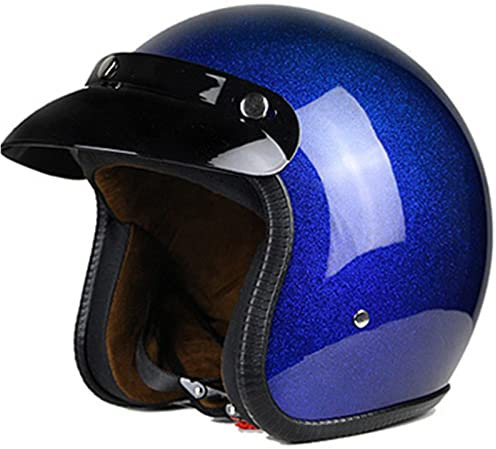 BaoFuStore Vintage Motorrad Jethelm, Erwachsene 3/4 Halbschale Motorradhelm, Glitzer Retro Moped Motorradhelm Neuheit Mode Für Roller Chopper Jet Pilot Bobber DOT/ECE,Blau,XL