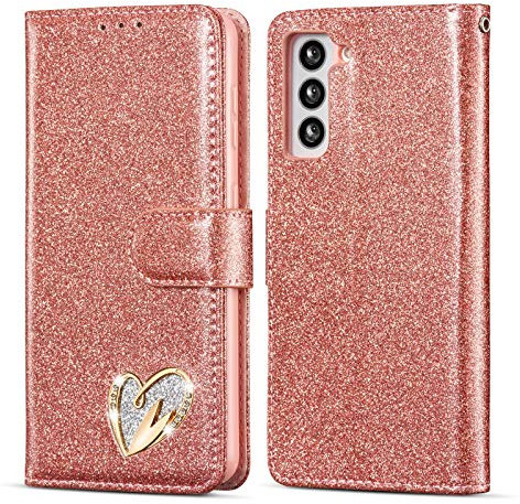 QLTYPRI für Samsung Galaxy S22 Hülle, Glitzer Handyhülle PU Ledertasche TPU Etui Handschlaufe Kartenfach mit Eingelegten Liebe Herz Diamond Flip Schutzhülle für Samsung Galaxy S22 - Rosegold