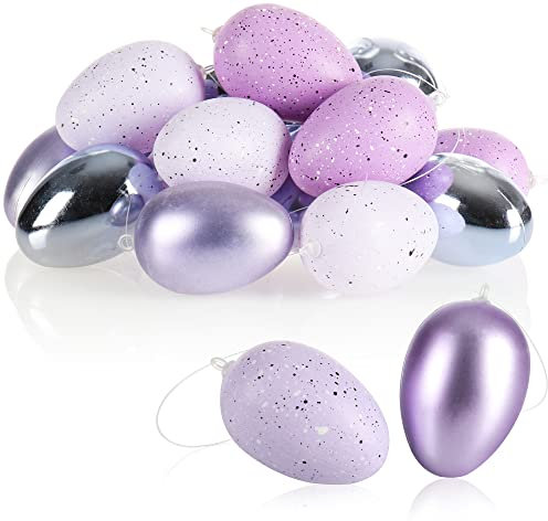 com-four® 18x Ostereier zum Aufhängen - gesprenkelte Osterdeko in tollen Farben - Hänge-Deko für den Osterstrauß - Größe: 7 cm (18 Stück - Flieder)
