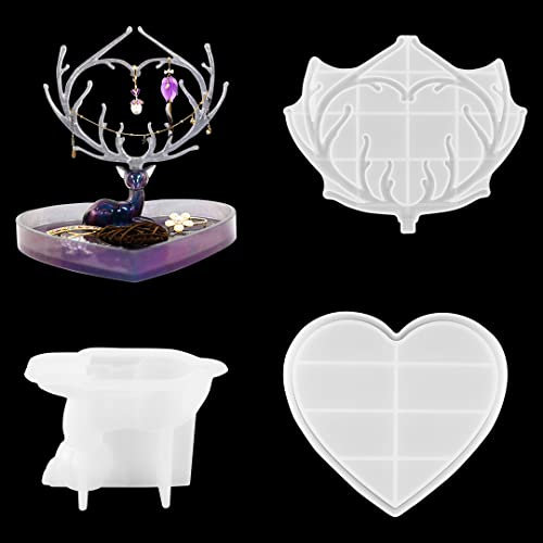Zayookey 3 PCS Résine Epoxy Moule Résentoir à Bijoux Moules en Résine Plateau en Forme de Coeur Moule en Silicone Wapiti Moule Coulée Porte-Bijoux Resin Mold pour Moulage (Jewelry Rack Mold A)