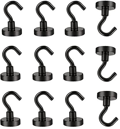 Black Magnetic Hooks, 24Lbs Heavy Duty Neodymium Magnets with Hooks for Refrigerator, 12 Pack Strong Cruise Hooks for Hanging, Magnetic Hanger for Grill, Toolbox, Storage