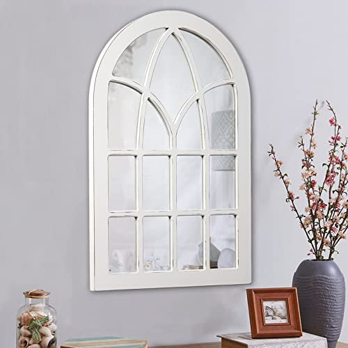 Sintosin Grande specchio da parete con finestra ad arco, decorazione da parete, 91,4 x 61 cm, da appendere, stile rustico, bianco, specchio decorativo in legno per soggiorno e camera da letto