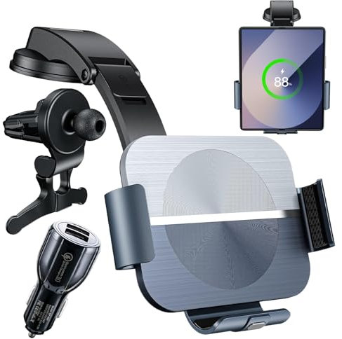 Dual Coil Wireless Car Charger Qoosea 15W Qi Fast Charging Auto-Clamping Car Mount for Air Vent & Dashboard, Car Phone Holder Compatible with Samsung Galaxy Z Fold 4/3/2, iPhone Moto Google Huawei