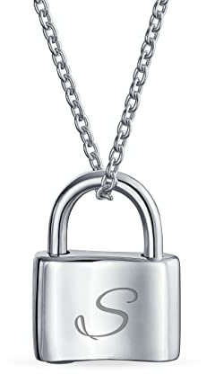 Personalized Script Initial Alphabet Letter S Plain Simple Couples Sentimental Functional Lock Pendant Charm Lovers Padlock Necklace For Women Teens .925 Sterling Silver Chain 16 Inch Custom Engraved