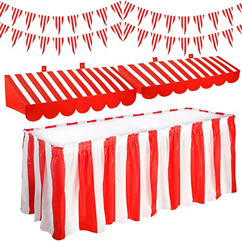 Buryeah 6 Pcs 3D Circus Awning Decorations with White and Red Stripe Table Skirt, Circus Pennant Bunting Flag Banner for Doors Window Classroom Concession Stand Carnival Party Decorations(Red, White)