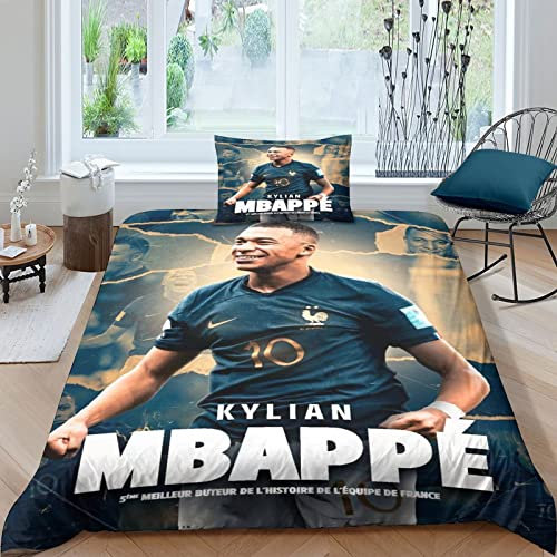 NOLEGA Kylian Mbappé Captain Druck Bettwäsche Set Bettwäsche Set France Football Star Single(135x200cm), 2er Set Stück Bettbezug + Stück Passender Passender Kopfkissenbezug