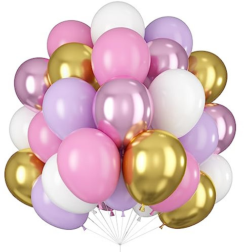 Globos Lila, Rosa, White, Dorado, Metálico, Cromo, Oro, Pastel, Macaron, Látex - Globos de Helio para Niñas, Decoración de Cumpleaños, Princesa, Temática de Fiesta