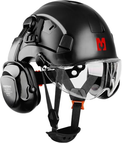 Mustbau Casque de Sécurité, Casques de Protection EN397 avec Coquilles Antibruit et Visière, 53 à 63 cm Tour de Tête Réglable, Matériau ABS Résistant pour Hommes Femmes - Noir