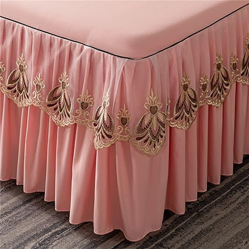 Odot Bettrock Rüschen, Vintage Stil Spitze Design Solide Farbe Spannbettlaken mit Volant Elastische Bettvolants Matratzenschoner Spannbetttücher Spannbetttuch Bettlaken (150x200cm,Blasses Rosa)