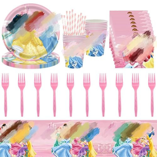 Princess Party Tableware Set, 61 Piece Party Decoration Tableware, Princess Pink Birthday Decorations, Princess Birthday Tableware Kit, for Kids Boys Girls Birthday Party Decorations