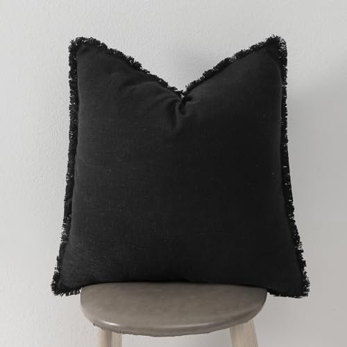 Hckot Leinen-Kissenbezug, Bauernhaus-Kissenbezug, 50,8 x 50,8 cm, schwarz, mit Quaste, Fransen, dekorativ, rustikal, für Couch, Sofa, Bett, Boho-Kissenbezüge, Dekoration, Schwarz