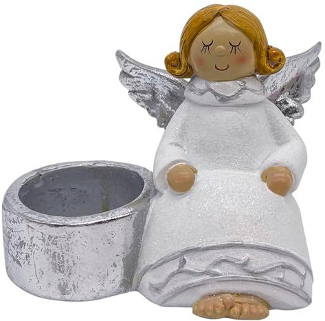 Mea-Living Engel Emilia mit Kerzenhalter, sitzend, klein, weiß/Silber, weihnachtlicher Engel-Teelichthalter