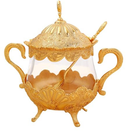 Qianly Sugar Bowl with Lid Spoon, Gold Sugar Container Canister, Storage Seasoning Pot for Cafe, Kitchen Home Table