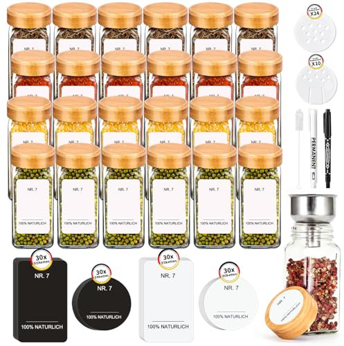 SAEIV Umweltfreundlicher Bamboo-Deckel Gewürzgläser Eckig -Set | 24Gewürzdosen Mit 120 Gewürzetiketten | Perfekte Organisation Küche Gewürz Organizer | 120ml Gewürzbehälter aus Glas