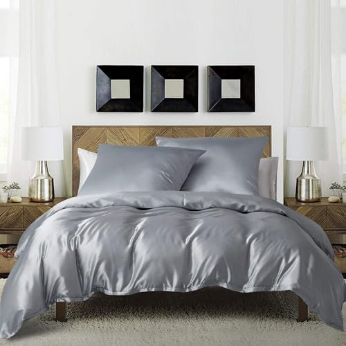 Bettwäsche 135x200cm 4teilig Grau Hellgrau Satin Glänzend Seiden Einfarbig Glatt Luxus Bettwäsche-sets Glanzsatin Bettwäsche Bettbezüge Set Einzelbett mit Reissverschluss und Kissenbezüge 80x80 cm