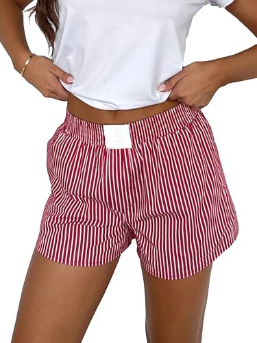 YILEEGOO Damen-Shorts mit elastischem Bund, gestreift/kariert, Pyjamahose, Loungewear, Sommer, Strand-Shorts, weites Bein, Boxershorts, Boyshorts, rot, M