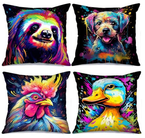 Tucocoo 4 Stück quadratische Kissenbezüge mit Tiermotiven, 45 x 45 cm, lustiger Faultier-Welpenkissenbezug, dekorativ, modern, Graffiti, Huhn, Ente, Kissenbezug für Sofa, Bett, Couch