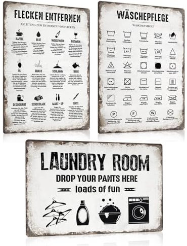 3ER WASCHKÜCHE SCHILD SET 20x30cm - Retro Blechschild Waschküche Dekoration - Vintage Metallschild Poster Bild Wanddeko Geschenk für Wasch Laundry Wäscherei Waschraum Waschmaschine