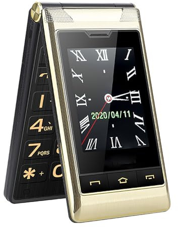 QIeAny Backup Machine for The Elderly/children, Classic Flip Phone, Support Dual Sim Card, 2.8 In+2.4 in Screen, With SOS Button/1200 MAh Battery/Large Volume/Large Keypad,Gold