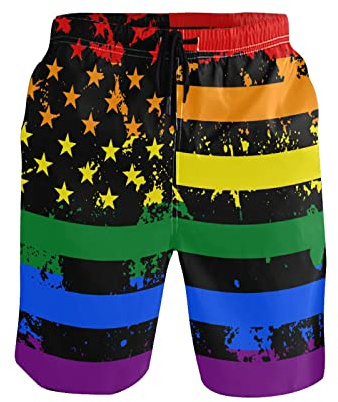 PAQGSREM Short de bain pour homme Motif drapeau de la Gay Pride LGBT à séchage rapide avec doublure en maille et poches, Drapeau gay américain, S